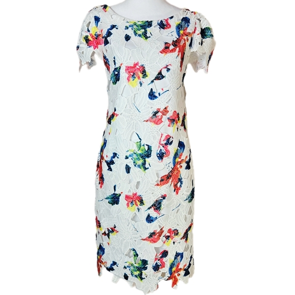 Sharagano Dresses & Skirts - Sharagano Watercolor White Lace Sheath Dress Women's 8 Rainbow Vibrant Artsy NWT